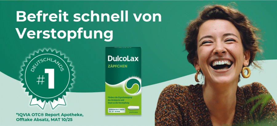 Frau lächelt. Text: Befreit schnell von Verstopfung. Nr. 1 in Deutschland.